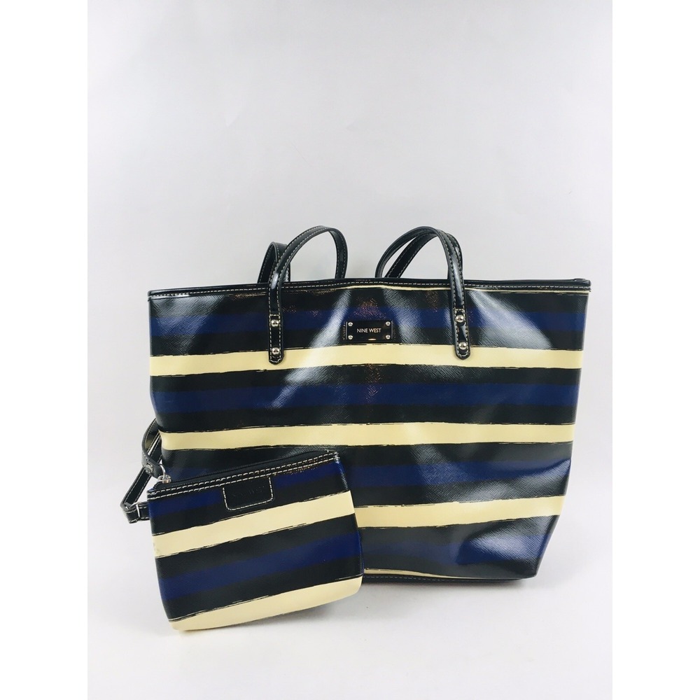 Nine West Bag Blue ‎ w/ Cream Striped Nautical Shoulder w/ Matching Pouch ~Set